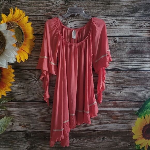 "Nod Elle" Woman's mid Sleeve blouse Size: medium, salmon/cream  Pre-owned - Picture 1 of 6